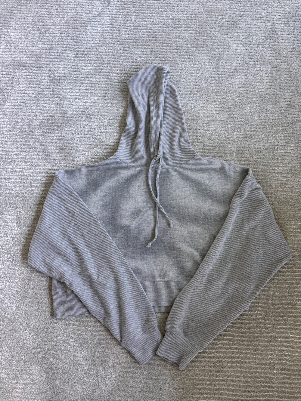 Women's Cropped Hoodie - Gray Knit Drawstring Pullover